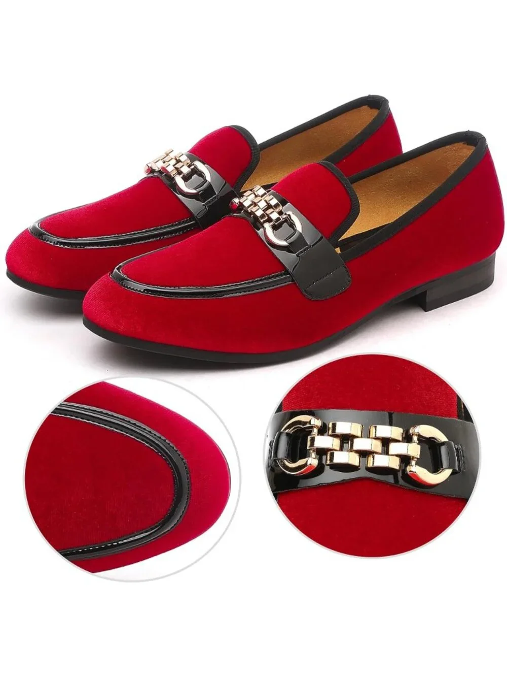 Men's Bright Red Velvet Gold Horse Bit Classic Loafer Slip On Casual Dress Shoes